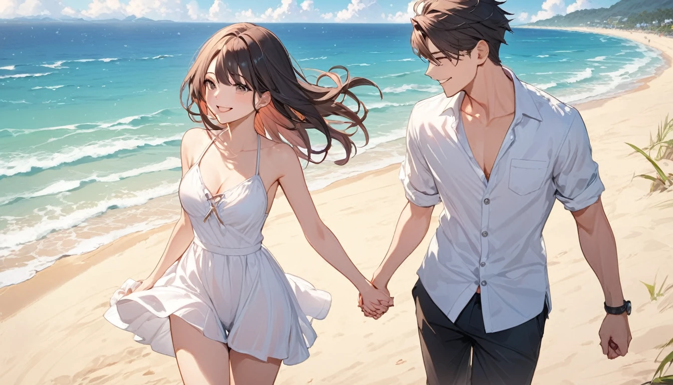 (Highest quality),Couple,Holding hands and smiling,beach