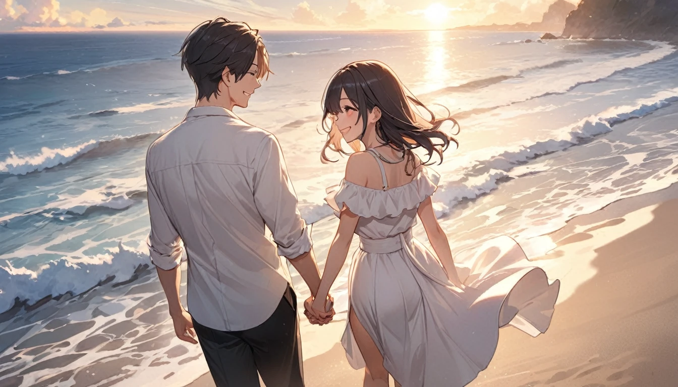 (Highest quality),Couple,Holding hands and smiling,beach