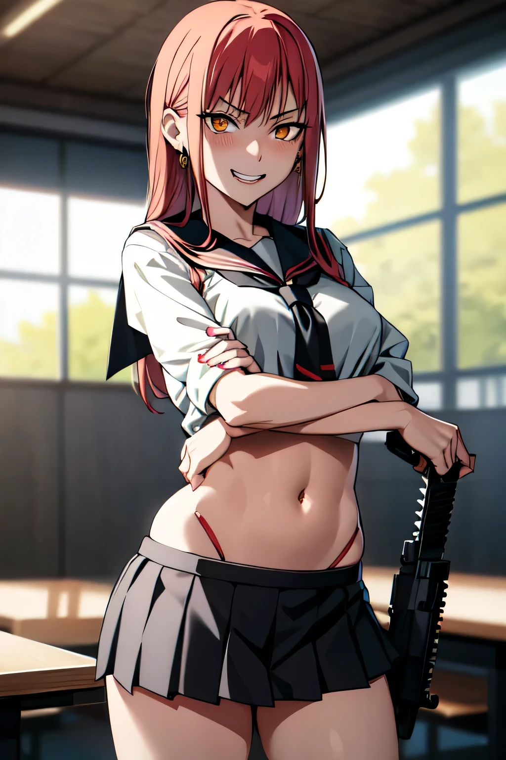 makima \(chainsaw man\), 1girl, solo, standing, red hair, long hair, golden eyes, bangs, medium breasts, smile, (evil:1.2), blush, lipstick, jewelry, earrings, Hot girl, baddie, staring, glaring, bad attitude, mean girl, dare, angry, hate, crazy, smoking, sensual, attractive,, masterpiece, best quality, highly detailed, a anime girls in sailor uniforms with a gun posing for a picture, evil smile, smile, open mouth,black_serafuku, ecchi anime style, anime girls , (nsfw) not safe for work, ecchi style, ecchi, shipgirls, digital anime art!!, high school girls, holding a gun, hold a gun, anime style 4 k, micro skirt, exposed belly, exposed navel, exposed midriff, holding pistol, exposed lower belly,school, classroom,
