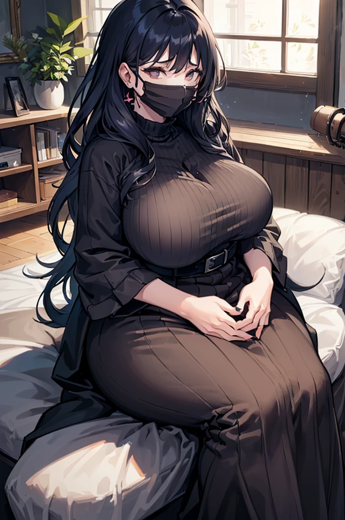 Woman, (Big_) (bang_covering_eyes) (messy_hair) (scary) (Happy) (Chubby) (Dark_Navy_Hair) (Wearing_Dress_Black) (Wearing_Facemask) (Sitting_Legs_Crossed) (In_LivingRoom_Dark) (No_lightning) (Candels_in_the_back_lit