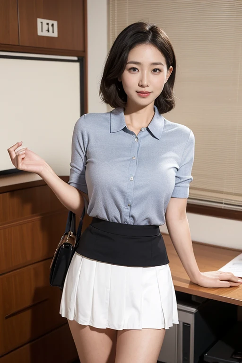 best quality, masterpiece, beautiful Japanese woman, ((30's, office ready, tight short skirts))), (((39 years old))),((inside an office)), huge breasts