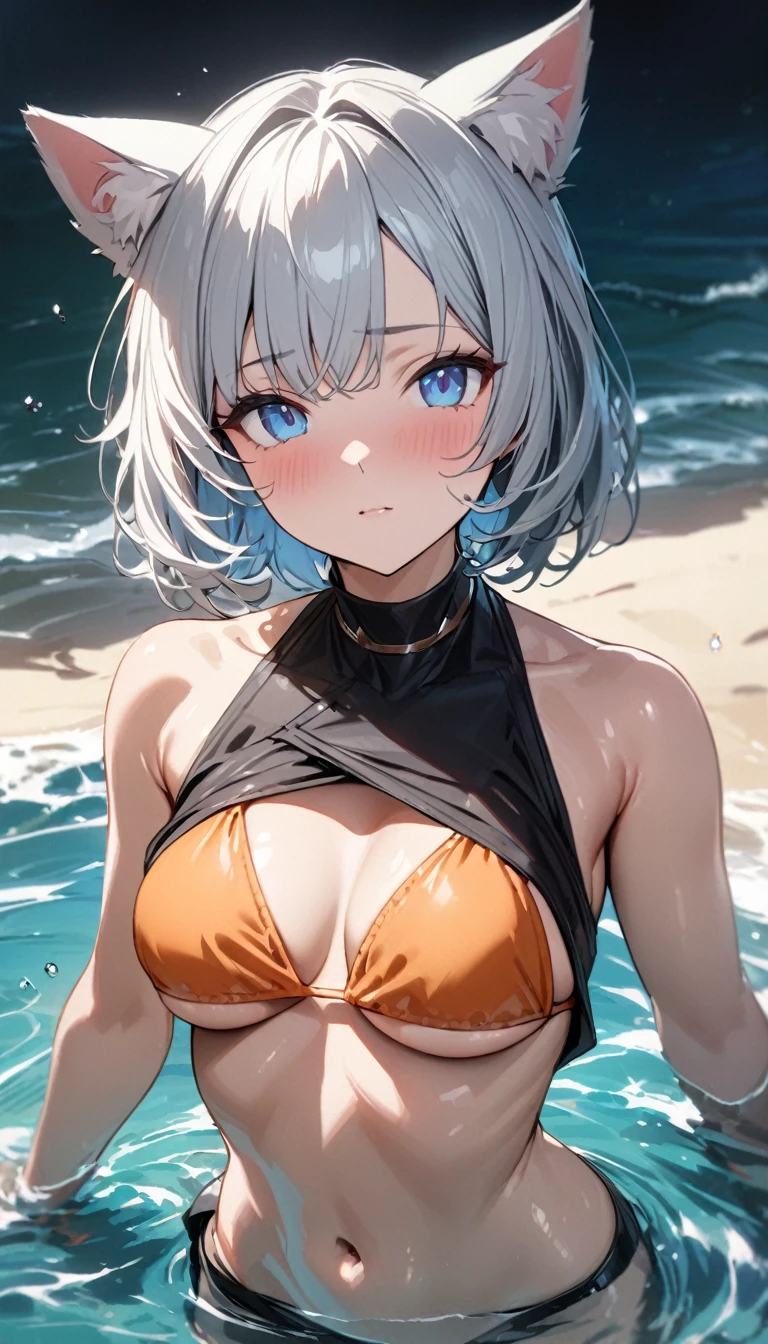 1girl、(((best quality)), ((masterpiece)), (details), masterpiece, best quality, high quality, ulutra detailed, perfect face, ((1girl, Blue eyes, cat ears: 1.3 silver bob hair: 2.5,))、Shiny Hair、Glowing Skin、Lonely face、Lustful look、I can see your toned stomach、Sideboob、Underboob、beach、Swimming in the sea、Orange Bikini、Grab the hem of this person's clothes、Look up here、evening、