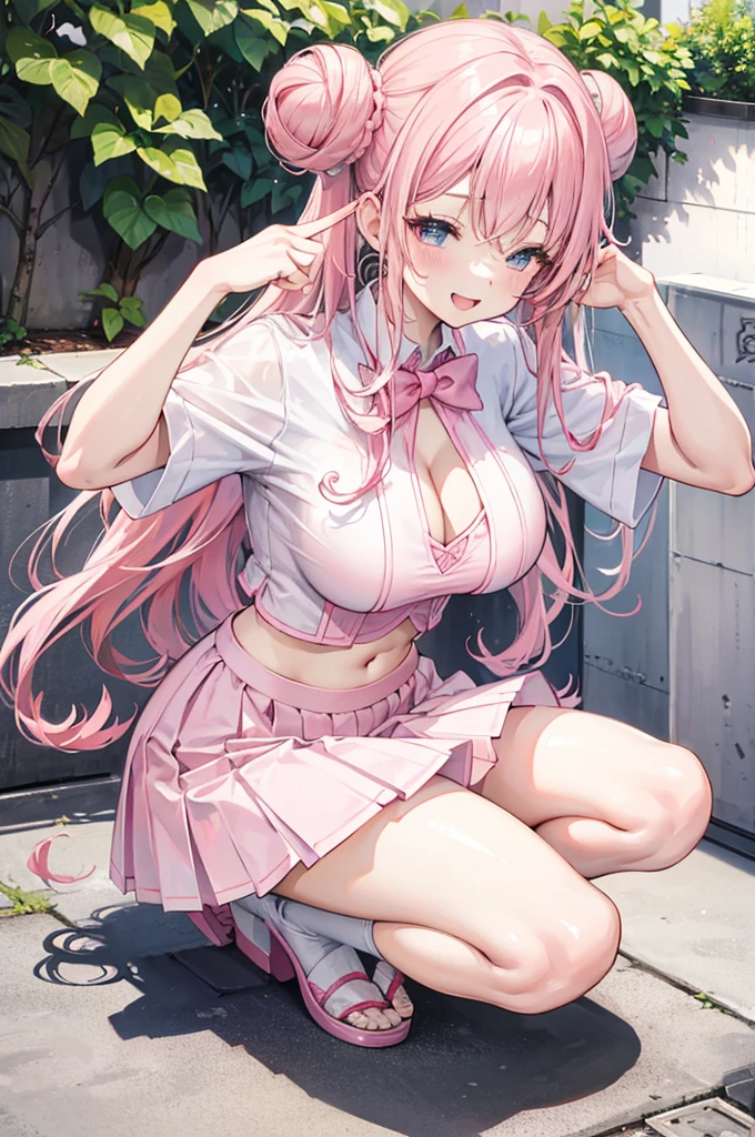 one woman, pink hair, gyaru, canine, aquamarine eyes, Double bun , 
navel, manicure, curly long hair, neat white uniform, Closing your eyes, Open your mouth and smile brightly, squatting cleavage, cute, short pink skirt, very large breasts