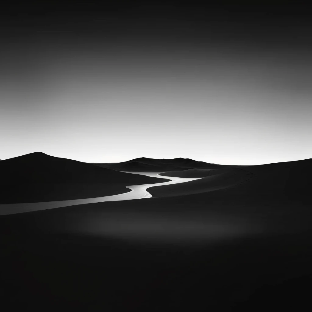 Black and white photo of a river running through a desert, In a quiet vast desert, Hiroshi Sugimoto's style, desert photography, byLeo Leuppi, dark desert background, phone wallpaper, In the vast and peaceful scenery, beautiful dark landscape, dark landscape, Grayscale photography, AMOLED wallpaper, Wandering in the desert landscape, empty desert, Black and White Photography