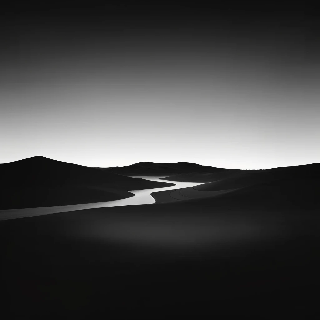 Black and white photo of a river running through a desert, In a quiet vast desert, Hiroshi Sugimoto's style, desert photography, byLeo Leuppi, dark desert background, phone wallpaper, In the vast and peaceful scenery, beautiful dark landscape, dark landscape, Grayscale photography, AMOLED wallpaper, Wandering in the desert landscape, empty desert, Black and White Photography