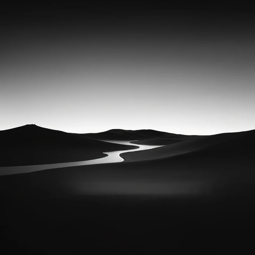 Black and white photo of a river running through a desert, In a quiet vast desert, Hiroshi Sugimoto's style, desert photography, byLeo Leuppi, dark desert background, phone wallpaper, In the vast and peaceful scenery, beautiful dark landscape, dark landscape, Grayscale photography, AMOLED wallpaper, Wandering in the desert landscape, empty desert, Black and White Photography