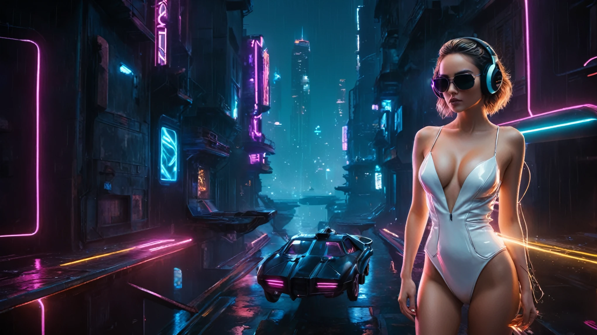 (aerial view, a flying cars docking platform, a very dark abandoned futuristic city, neon lights), rainy night. 1girl, solo, alone, large-breast:1.2 slim body, cleavage:1.1, sexy wind blowing wet dress:1.4, (headphone, black sunglasses), (((((she raised:1.8 a pistol:1.8 and took aim at viewer))))), dynamic pose, (((half-body thigh level medium shot))), cinematic lighting, lens flare, ray tracing.