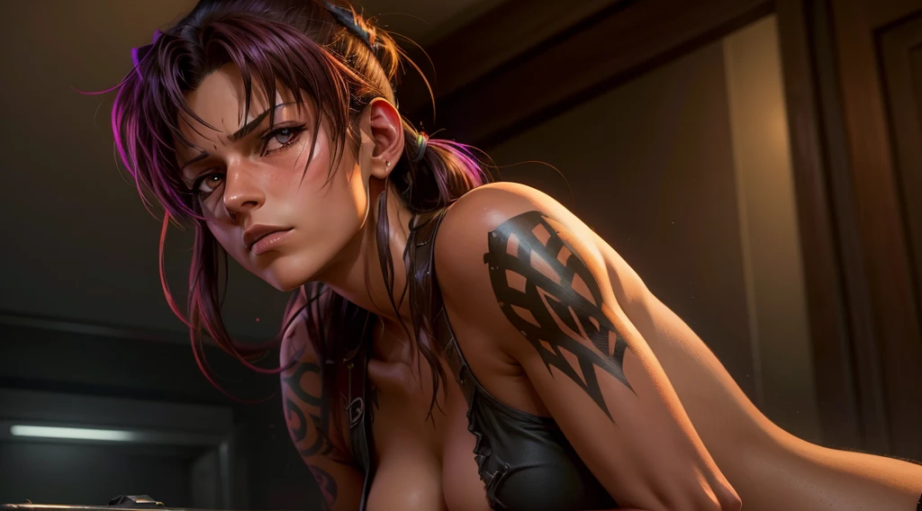 Revy from black lagoon, nude, neon lights, The artwork is rendered in an edgy and realistic style, with high attention to detail and sharp focus. The colors are vivid and contrasted, with a slight desaturation to create a moody atmosphere. shadowy highlights enhancing the overall composition. The medium used is a digital illustration, with a touch of photo-realistic elements to add depth and texture to the image. The final result is a masterpiece in ultra-high resolution,