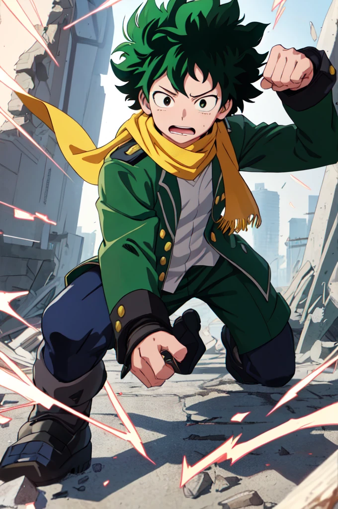 (Highest quality, masterpiece, RAW Photos,Very detailed:1.2),A look of determination、Full cowl 100％、Electric shock effect on the body、My Hero Academia,Izuku Midoriya,View your viewers,ruins、Aggressive pose、Green suit、Yellow scarf、