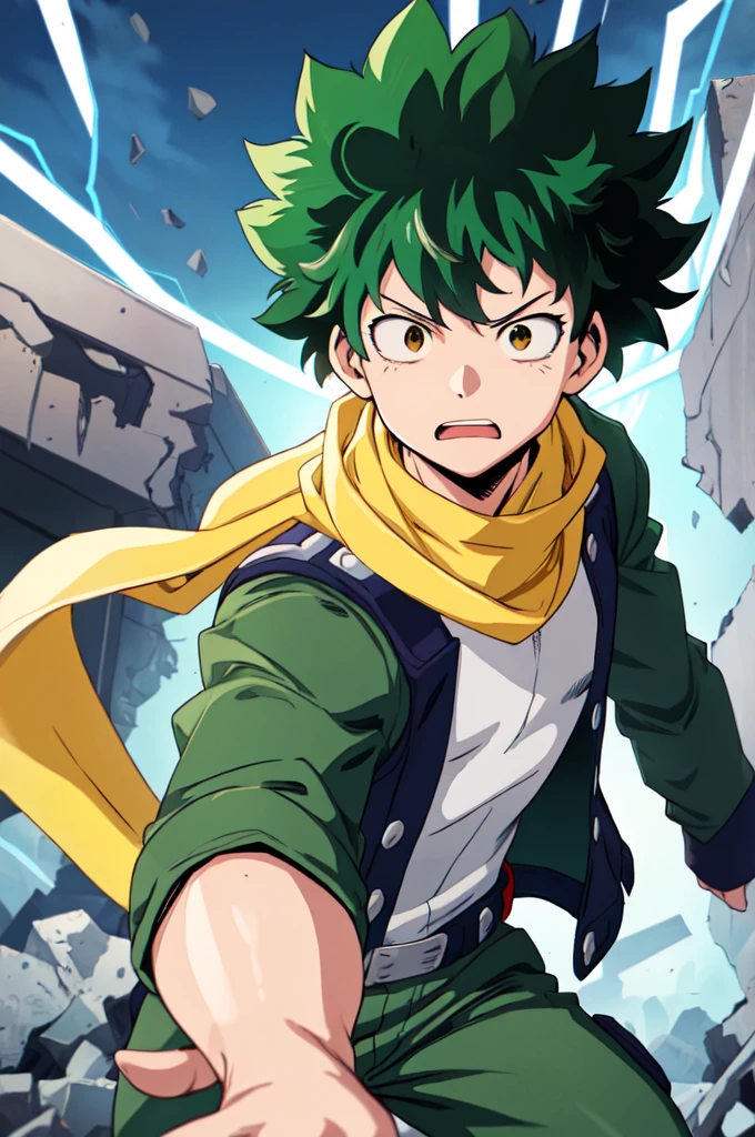 (Highest quality, masterpiece, RAW Photos,Very detailed:1.2),A look of determination、Full cowl 100％、Electric shock effect on the body、My Hero Academia,Izuku Midoriya,View your viewers,ruins、Aggressive pose、Green suit、Yellow scarf、