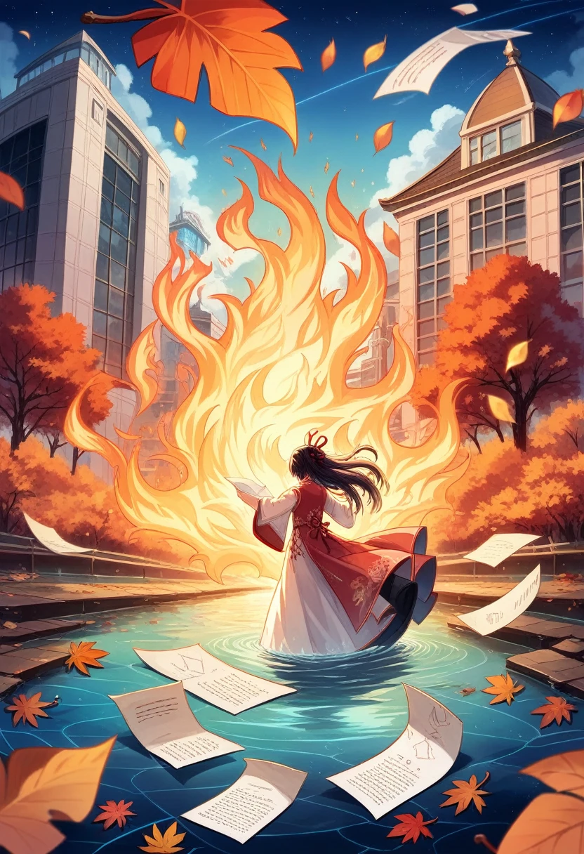 Official Art, unity 8k wallpaper, Super detailed, beautifully、aesthetic, masterpiece, Highest quality, (fire, water, ribbon, paper cutting), (Fractal Art:1.3) One girl,building, (alone:1.5), Chinese_Clothes, null, Outdoor, wide_sleeve, black_hair, sunset, (fall_leaf:1.2), Antane, (paper_lAntane:1.5),blue null, (Outdoor:1.5),漢Clothes, (Rainbow Candy:0.8), (Style - Swirl Magic:0.8),