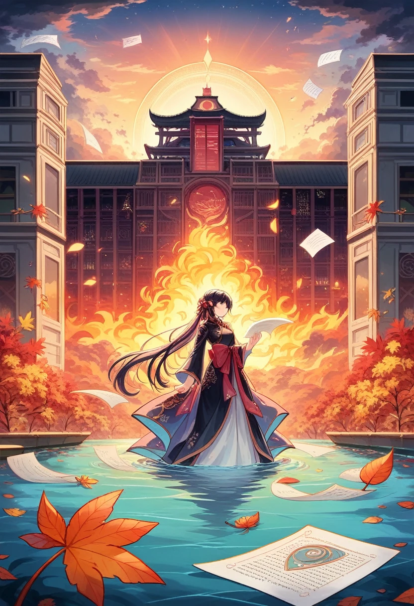 Official Art, unity 8k wallpaper, Super detailed, beautifully、aesthetic, masterpiece, Highest quality, (fire, water, ribbon, paper cutting), (Fractal Art:1.3) One girl,building, (alone:1.5), Chinese_Clothes, null, Outdoor, wide_sleeve, black_hair, sunset, (fall_leaf:1.2), Antane, (paper_lAntane:1.5),blue null, (Outdoor:1.5),漢Clothes, (Rainbow Candy:0.8), (Style - Swirl Magic:0.8),