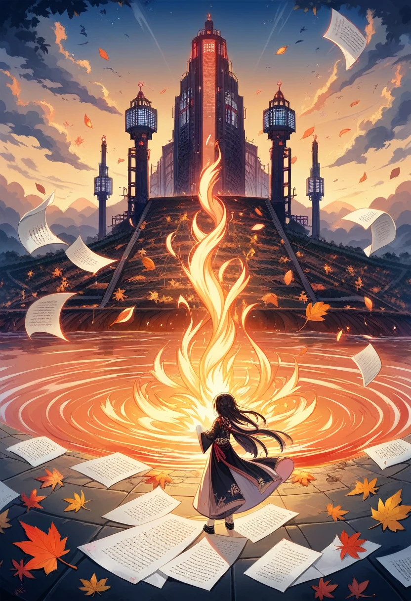 Official Art, unity 8k wallpaper, Super detailed, beautifully、aesthetic, masterpiece, Highest quality, (fire, water, ribbon, paper cutting), (Fractal Art:1.3) One girl,building, (alone:1.5), Chinese_Clothes, null, Outdoor, wide_sleeve, black_hair, sunset, (fall_leaf:1.2), Antane, (paper_lAntane:1.5),blue null, (Outdoor:1.5),漢Clothes, (Rainbow Candy:0.8), (Style - Swirl Magic:0.8),