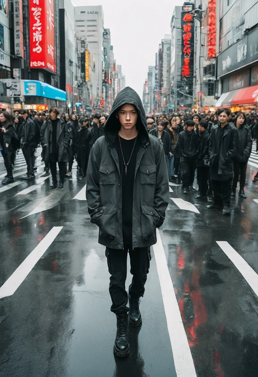 Extreme high angle photo shot, professional model, (human ratio 1:1) standing on a crosswalk center inspired by Shibuya scramble, stare into the camera, wearing black washing safari long jacket with black hoodie, black cargo pants, dark grey boots, crowded street realistic photographs
