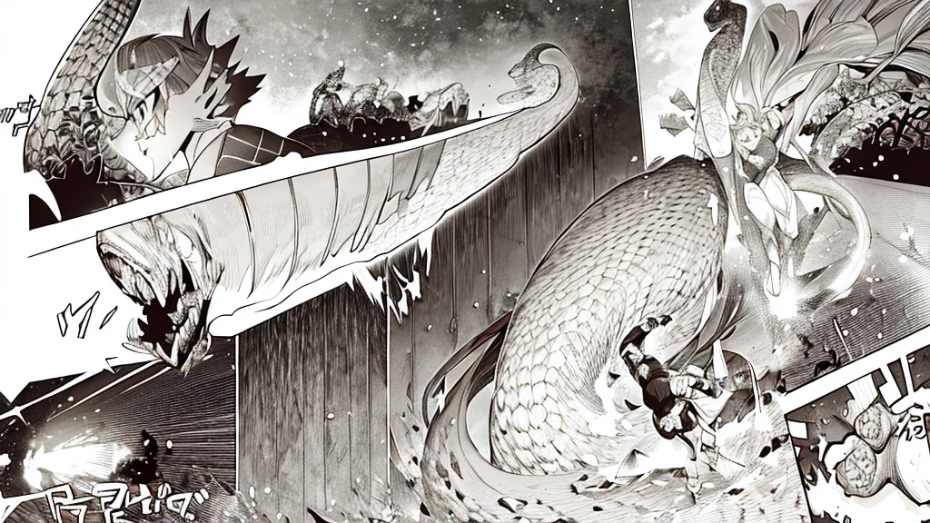 A double page manga spread of a giant snake erupting out from a wall, dynamic, high amount of particles, cross hatching, detailed shading, use of perpspetive