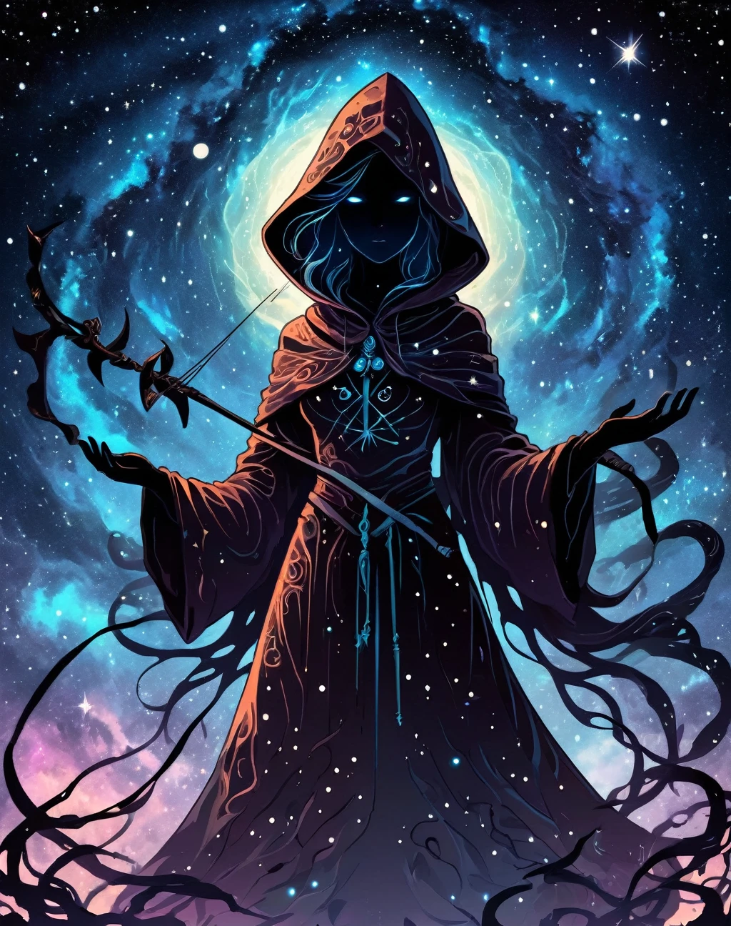 Shadow silhouette,  8k, High resolution, Dark colors, Dark aura, Horror, Manga style, flat, Earth Spirit, force,  Holding a bow、Wearing a hood, At the shrine, A celestial dreamscape featuring a goddess-like figure surrounded by swirling galaxies and constellations, Her presence illuminates the expanse of the universe with radiant grace.