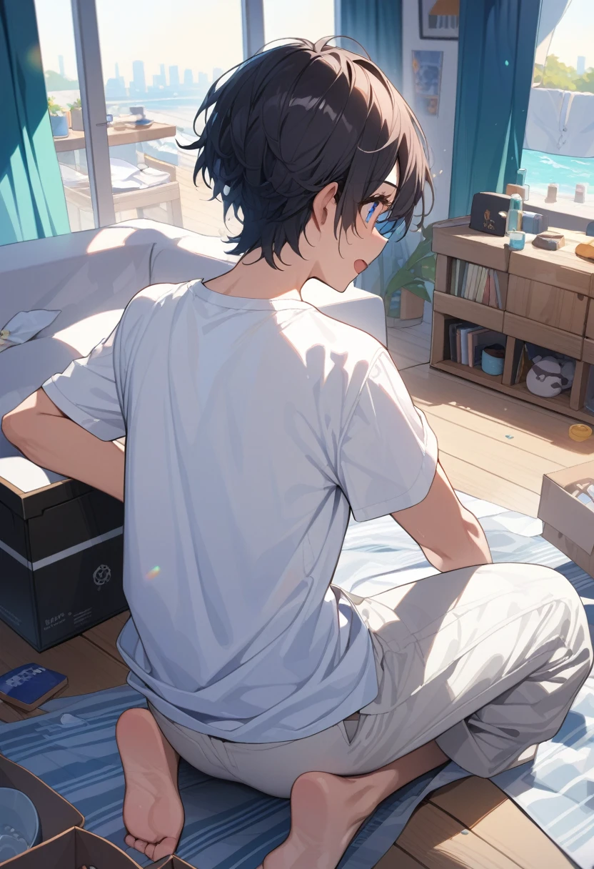 masterpiece, best quality, extremely detailed, ultra detailed, flat anime, 2D, 
((1boy)),black hair, (short hair:1.5),blue eyes, height 1.7meters, (circle eyes:1.2), (young adult:1.2), Ear-length sideburns, 
long Sleeves, White T-shirt, barefoot, ((short sleeves)), ((long pants)), 
squatting, looking back, open mouth,  
summer, 12AM, livingroom,organizing the boxes.,