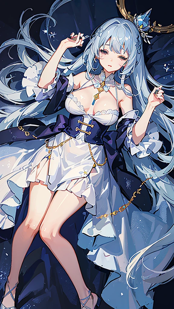 (Highest quality)), ((masterpiece)), (detailed), One sleeping girl, Crystal clear light blue hair、Her hair is gradated and white from the hairline to the middle.、Hair length is up to the knees、Gorgeous light blue lustrous nightgown、The hair ornament is glittering gold.、Silver hair ornament、She has big breasts、Adult face、