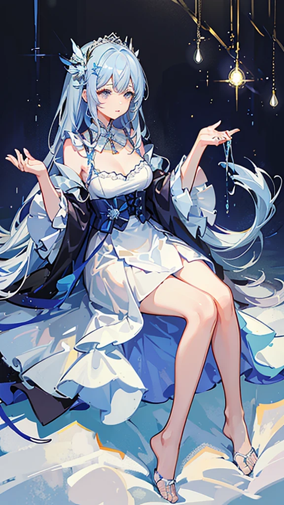 (Highest quality)), ((masterpiece)), (detailed), One sleeping girl, Crystal clear light blue hair、Her hair is gradated and white from the hairline to the middle.、Hair length is up to the knees、Gorgeous light blue lustrous nightgown、The hair ornament is glittering gold.、Silver hair ornament、She has big breasts、Adult face、