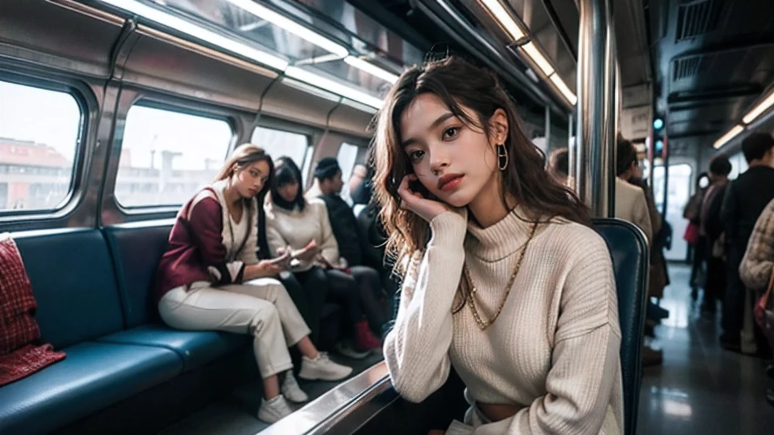 Hyperrealistic, cinematic quality, futuristic train footage. Cyberpunk atmosphere. Hyper-futuristic and colorful lighting. A mix of antique and hyper-futuristic inside the train. The seats are crowded with passengers. Scene: The woman is (happy) with her hand on her cheek, indicating her excitement at meeting the man of her dreams. Main Description Appearance: Wavy brown hair, beige sweater and long white pants. Emotion: Her body language clearly conveys excitement and joy.