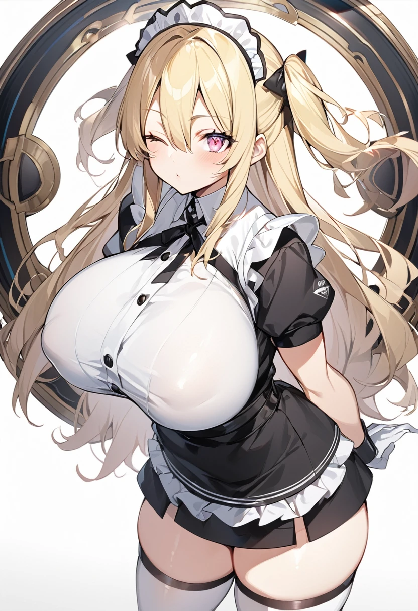 (One girl)、medium length hair、(sidelock)、((Blonde))、(slan eyes)、（boyish）、cute、(Big super breasts)、((Chubby))、Maid、No sleeve、mini skirt、White sleeveless、thigh-high socks thighhighs、(long gloves)、hairs between eyes、(coarse hair)、[flipped hair]、pink eye、expressionless、one eye closed、arm behind back、two side up、White Background、