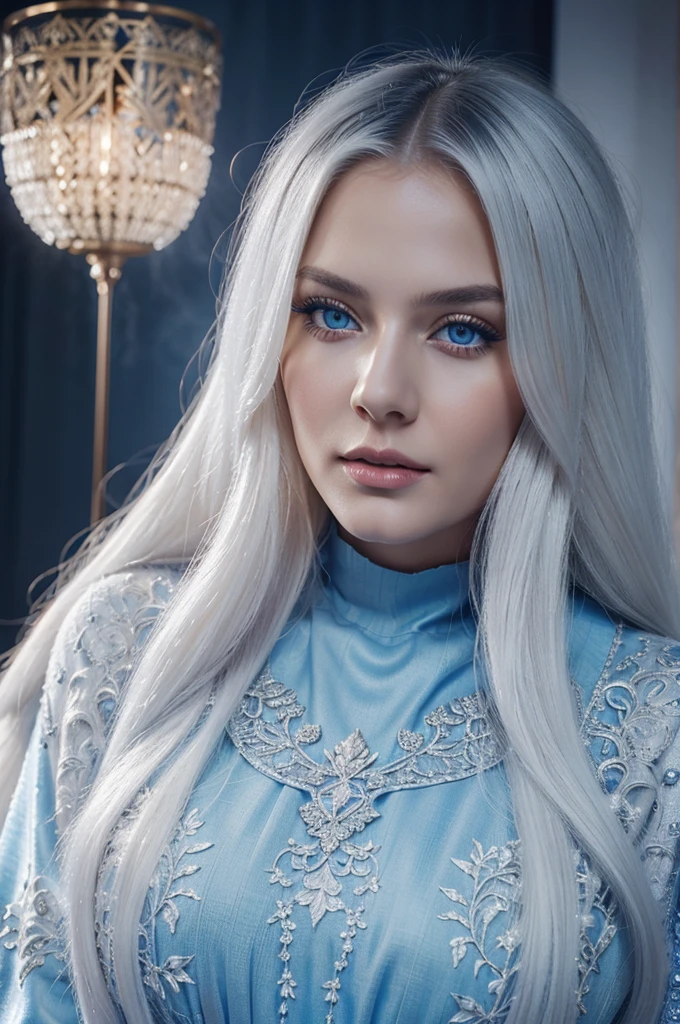 a beautiful russian woman natalia petrovna, with long white hair, detailed beautiful face, striking blue eyes, elegant pose, intricate detailed dress, luxurious fur shawl, dramatic lighting, cinematic composition, photorealistic, 8k, high quality