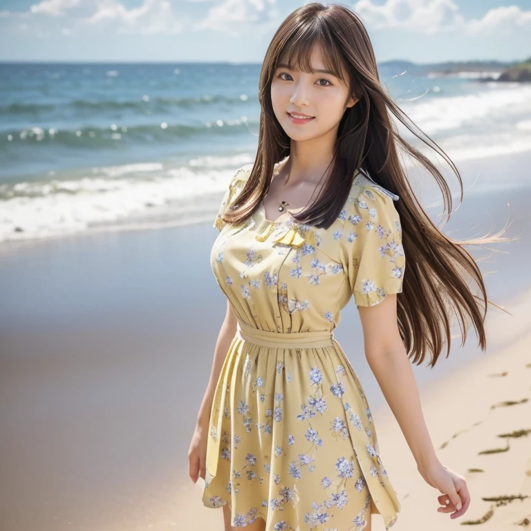 (Calm and gentle look:1.5), (Full Body Shot:1.3), (panorama:1.8), Cinema Lighting, ((Highest quality)), (RAW Photos, Highest quality), ( Realistic:1.4), realism, masterpiece, Very delicate and beautiful, Very detailed, 4K wallpaper, wonderful, finely, Very detailed CG unity 8k wallpaper, Very detailed, High resolution, Soft Light, Japanese, (one shot:1.9), (22 years old:1.6), (Round face:1.2), (Fat:0.8), (A neat and clean woman:1.5), Beautiful detailed woman,Famous Japanese actresses, Detailed face, finelyて美しい目, Very detailedな目と顔, Beautiful eyes and a beautifully detailed nose, Ultra HD glossy lips, (Straight Hair:1.4), Shiny Hair, Shiny Hair, Brown Hair, (bangs:1.4), Long, slender legs, Toned body, (Smiling:1.4), Natural Makeup, (LET IT PASS, floral pattern, Pale yellow, Short sleeve dress:1.8), (A very intricate and elaborately decorated dress:1.3), Accentuate your body lines, (pumps:1.2), (A model poses at the edge of the beach:1.4), (Deep blue midsummer sky, cumulonimbus, The ocean with a wide horizon:1.3), (Hair and skirt fluttering in the wind:1.5),