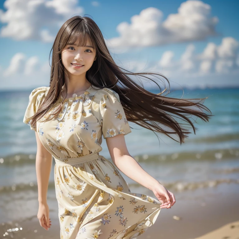 (Calm and gentle look:1.5), (Full Body Shot:1.3), (panorama:1.8), Cinema Lighting, ((Highest quality)), (RAW Photos, Highest quality), ( Realistic:1.4), realism, masterpiece, Very delicate and beautiful, Very detailed, 4K wallpaper, wonderful, finely, Very detailed CG unity 8k wallpaper, Very detailed, High resolution, Soft Light, Japanese, (one shot:1.9), (22 years old:1.6), (Round face:1.2), (Fat:0.8), (A neat and clean woman:1.5), Beautiful detailed woman,Famous Japanese actresses, Detailed face, finelyて美しい目, Very detailedな目と顔, Beautiful eyes and a beautifully detailed nose, Ultra HD glossy lips, (Straight Hair:1.4), Shiny Hair, Shiny Hair, Brown Hair, (bangs:1.4), Long, slender legs, Toned body, (Smiling:1.4), Natural Makeup, (LET IT PASS, floral pattern, Pale yellow, Short sleeve dress:1.8), (A very intricate and elaborately decorated dress:1.3), Accentuate your body lines, (pumps:1.2), (A model poses at the edge of the beach:1.4), (Deep blue midsummer sky, cumulonimbus, The ocean with a wide horizon:1.3), (Hair and skirt fluttering in the wind:1.5),