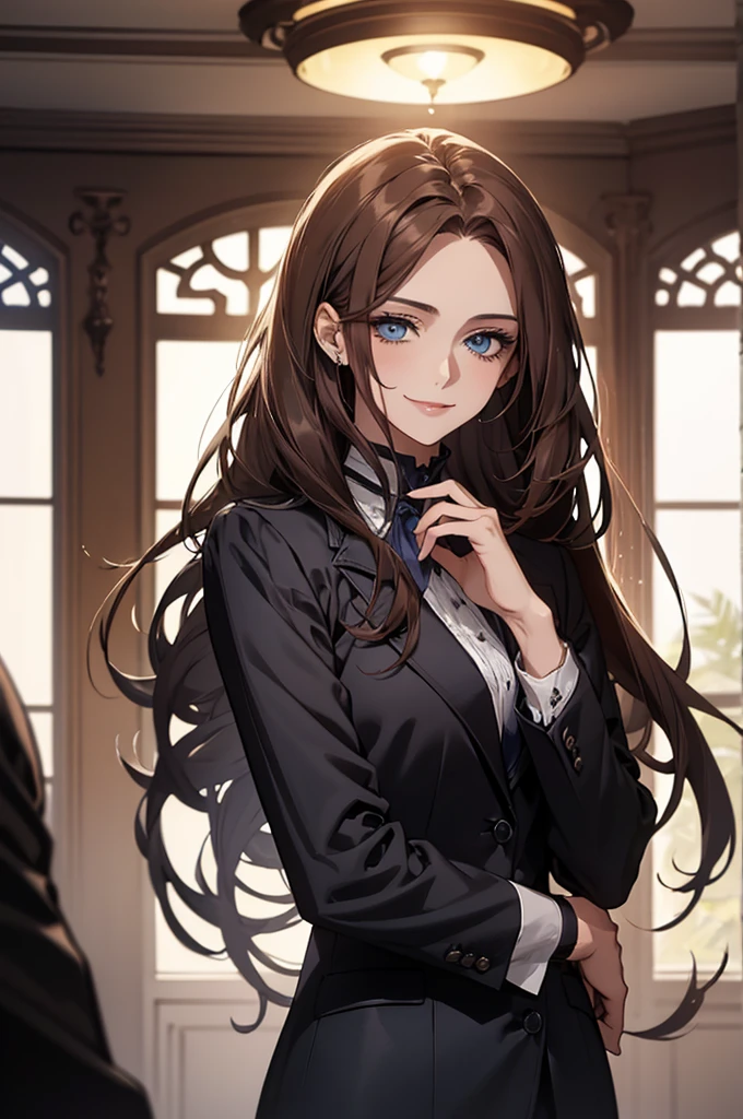 (Highest quality, High resolution, Very detailed), Beautiful and elegant light blue eyes, Brown Hair, Cold Smile, Straight long hair tied back, Wearing a black suit, Mature Woman, Age 25, Cruel smile, Calm, In the conference room.
