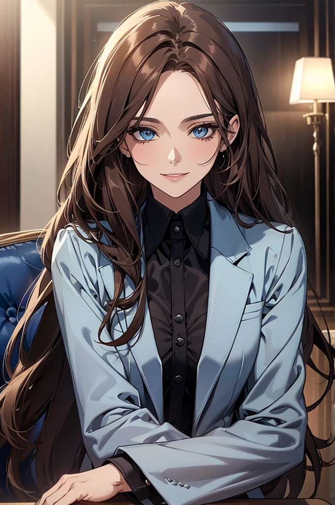 (Highest quality, High resolution, Very detailed), Beautiful and elegant light blue eyes, Brown Hair, Cold Smile, Straight long hair tied back, Wearing a black suit, Mature Woman, Age 25, Cruel smile, Calm, In the conference room.