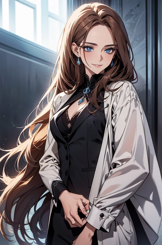 (Highest quality, High resolution, Very detailed), Beautiful and elegant light blue eyes, Brown Hair, Cold Smile, Straight long hair tied back, Wearing a black suit, Mature Woman, Age 25, Cruel smile, Calm, In the conference room.
