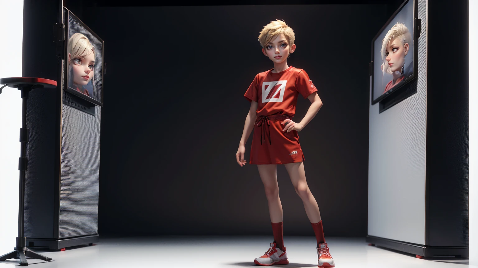 Japanese man, in a T-Shirt and Shorts Set: Dress Undercut hair style, blond hairs hairs red dress, gaming , smiling face, short dress full straight standing pose, 14yo student, , Full body, modern boy, man  , games boy, Simple white background,, HD, full body, standing, modern futuristic dress, front view