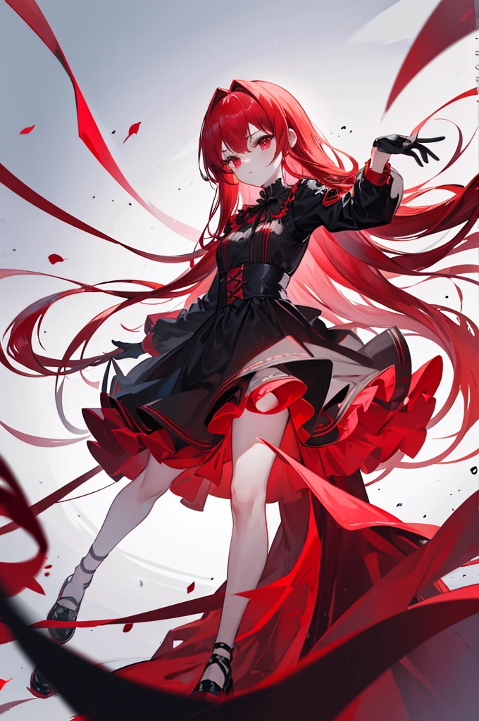 red hair, head with forehead visible, long straight hair, red eyes, red ruffle dress, black trim on dress, black gloves and shoes, big black ribbon above head