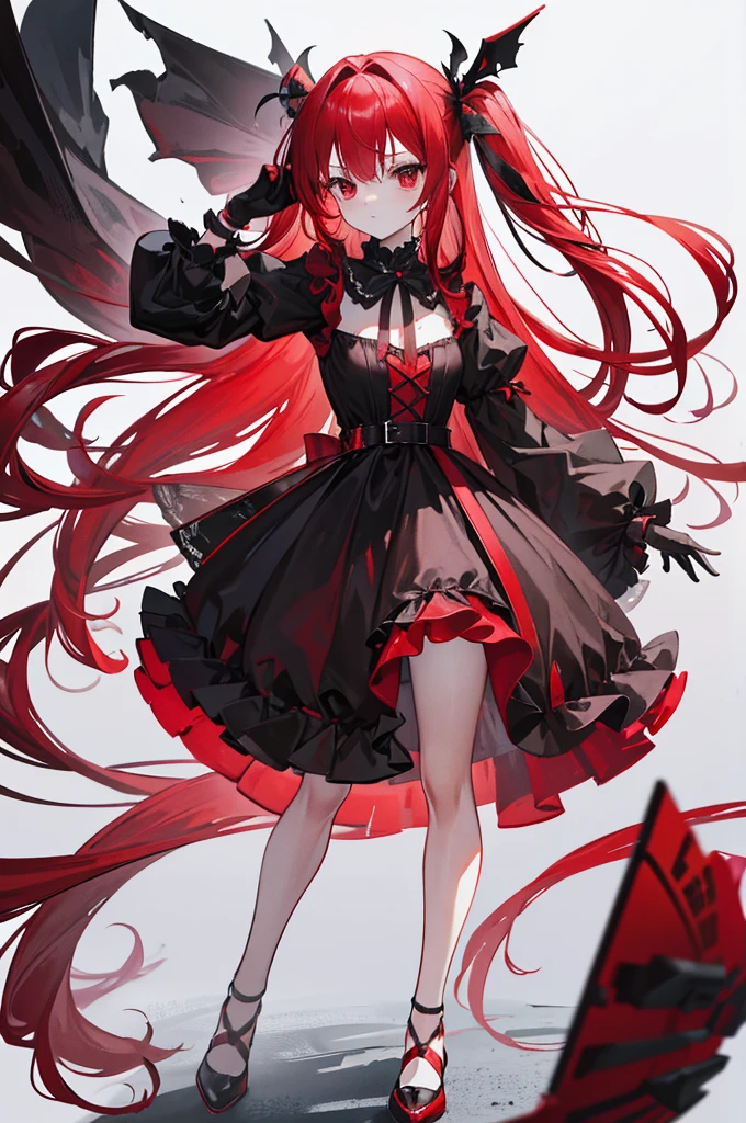 red hair, head with forehead visible, long straight hair, red eyes, red ruffle dress, black trim on dress, black gloves and shoes, big black ribbon above head