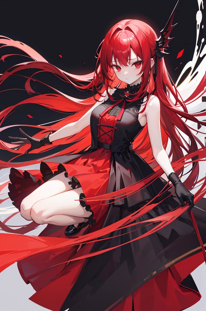 red hair, head with forehead visible, long straight hair, red eyes, red ruffle dress, black trim on dress, black gloves and shoes, big black ribbon above head