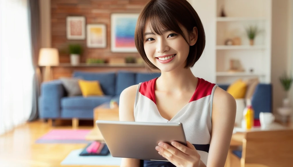 masterpiece, realistic, photorealistic, best quality, beautiful detailed, natural lighting, sharp focus, depth of field, slim body, abs:1.2, cleavage, best quality real texture skin, Detailed beautiful delicate face and eyes, beautiful Japanese young woman, eyes open, looking at viewer, best quality real texture skin, Detailed beautiful delicate face and eyes, double eyelid, smile:1.2, white teeth:1.2, very short straight brown hair,