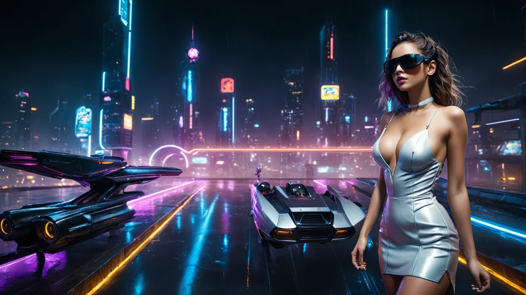 (aerial view, a flying cars docking platform, a very dark abandoned futuristic city, neon lights), rainy night. 1girl, solo, alone, large-breast:1.2 slim body, cleavage:1.1, sexy wind blowing wet dress:1.4, (headphone, black sunglasses), (((((she raised:1.8 a pistol:1.8 and took aim at viewer))))), dynamic pose, (((half-body thigh level medium shot))), cinematic lighting, lens flare, ray tracing.