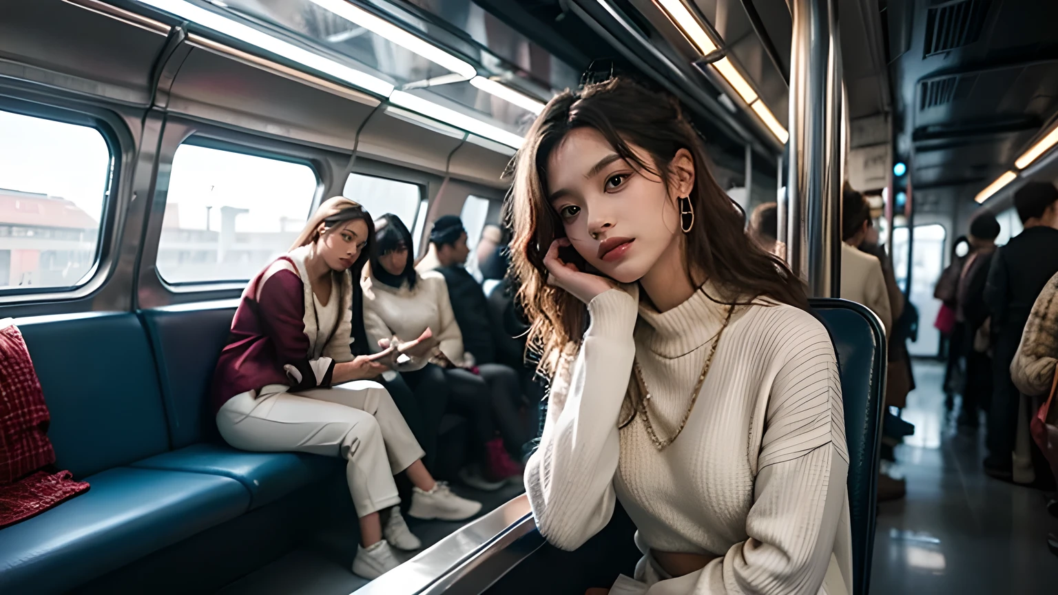 Hyperrealistic, cinematic quality, futuristic train footage. Cyberpunk atmosphere. Hyper-futuristic and colorful lighting. A mix of antique and hyper-futuristic inside the train. The seats are crowded with passengers. Scene: The woman is (happy) with her hand on her cheek, indicating her excitement at meeting the man of her dreams. Main Description Appearance: Wavy brown hair, beige sweater and long white pants. Emotion: Her body language clearly conveys excitement and joy.