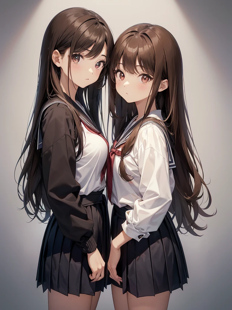 high quality, anime, whole body, Two Girls ((Japanese, cute, Narrow space between the eyes, Big eyes, Small Nose, Brown Hair, Medium long wavy hair, medium Breasts, thin, school uniform) and (Japanese) , cute, thin eye, cool eyes, Small Nose, Black Hair, Straight long hair, Big Breasts, thin, school uniform)), No background, Plain white background, Couple, standing next to each other with arms around waist, fun, ((20-years-old:1.5))