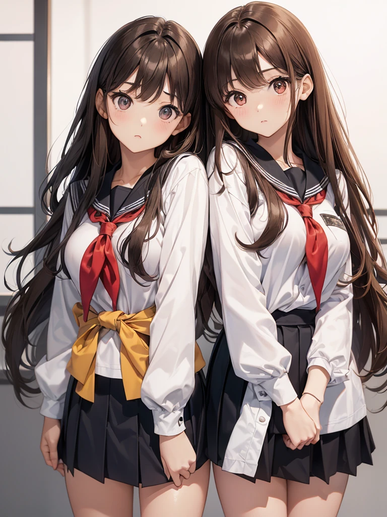 high quality, anime, whole body, Two Girls ((Japanese, cute, Narrow space between the eyes, Big eyes, Small Nose, Brown Hair, Medium long wavy hair, medium Breasts, thin, school uniform) and (Japanese) , cute, thin eye, cool eyes, Small Nose, Black Hair, Straight long hair, Big Breasts, thin, school uniform)), No background, Plain white background, Couple, standing next to each other with arms around waist, fun, ((20-years-old:1.5))