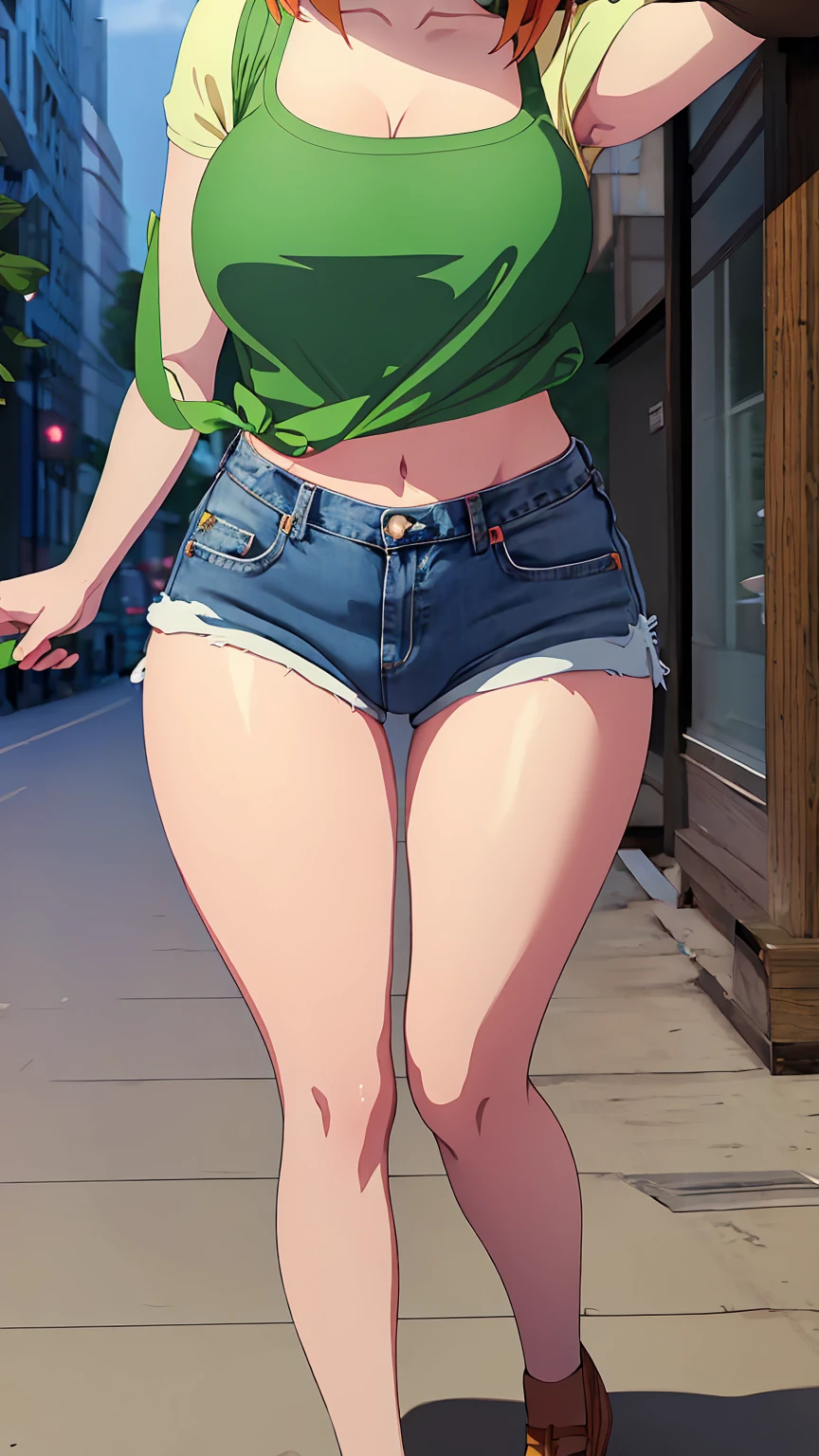 [yotsuba nakano, bangs, short hair, blue eyes, hair between eyes, hair ribbon, hairband, orange hair, (green ribbon:1.5),], 1girl, anime girl, anime, girl, 2d girl, 16y, (fullbody), seductive smile, blush, cleavage, Solo, Slim, Big breasts, large Breasts, sfw, cowboy shot, Tight Shorts, low waist shorts, upshorts, outdoors, night background, looking at viewer, darker shadows, (((shorts))), (((thigh gap))), (((lowleg shorts))),