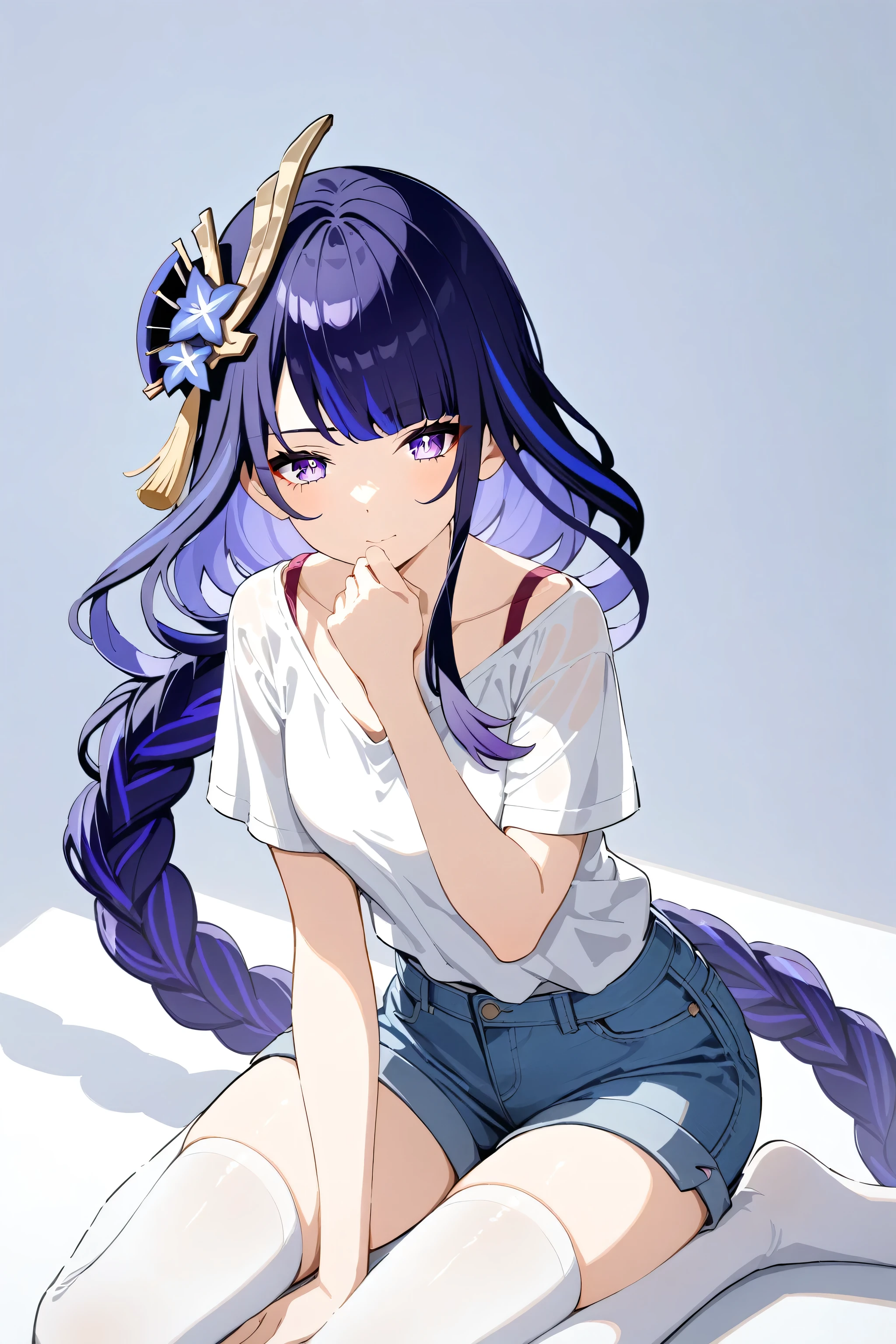 watercolor (medium),1girl, raiden shogun, genshin impact,solo,alone,Wearing a bright white top with blue denim shorts highlights the girls body lines. White stockings and cat ear headdress are the finishing touches. The girl chose to sit on the floor. This posture usually gives people a relaxed, relaxed feeling. Relaxed feeling, casual feeling, sexy figure, pure white background