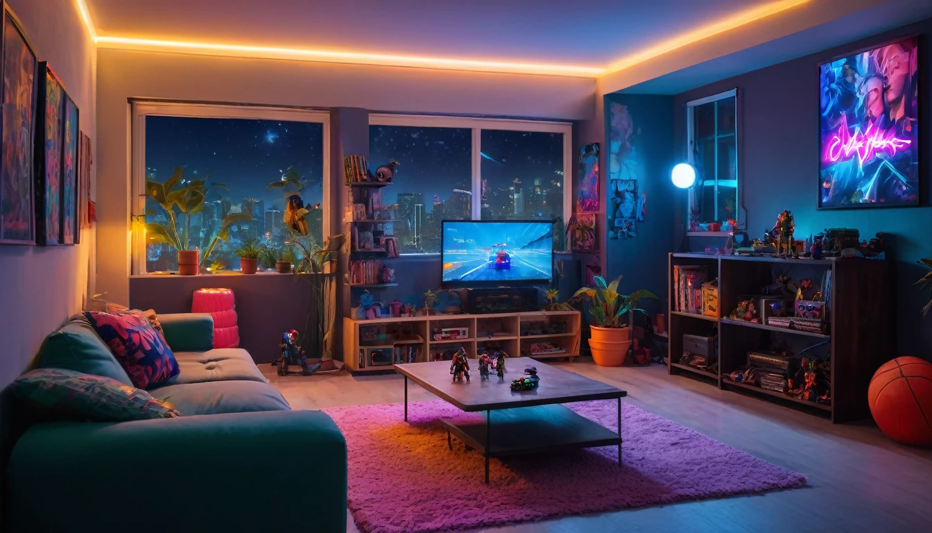 night time setting inside small apartment living room with big screen tv, neon lights games, action figures