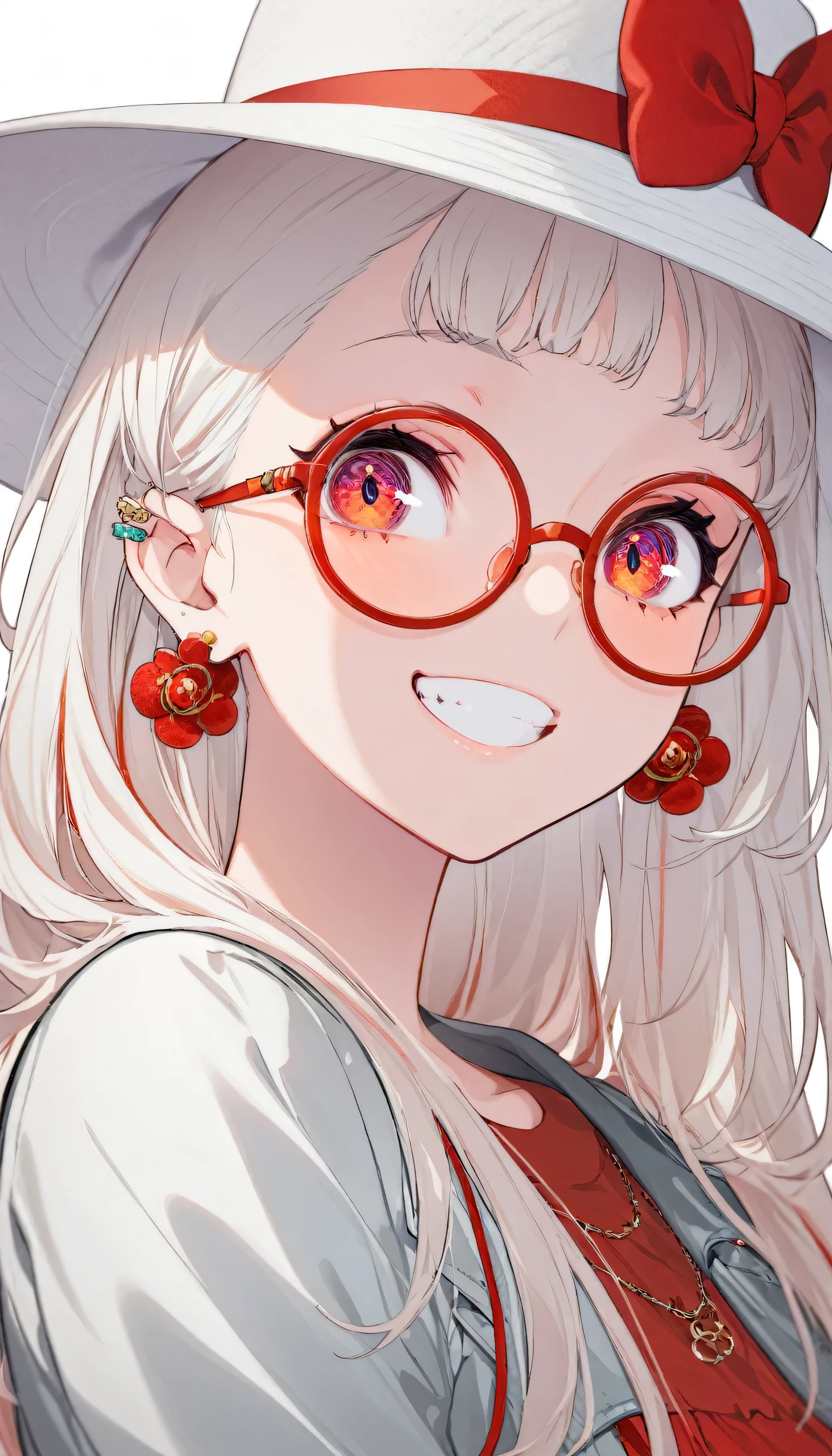 One girl, alone, Long Hair, View your viewers, smile, bangs, ((Blue Jacket)), Red pastel skirt、Red eyes,White hair in the eye、Beautiful eyes that shine、White boater hat with red ribbon、White Jewelry, Sitting, Jacket, Upper Body, Silver Hair、 earrings, Glasses, teeth, Grin, open Jacket, Earrings, sunGlasses, ring, ear Earrings,Colored Glasses, White Background、White background,Umaibo、Candy