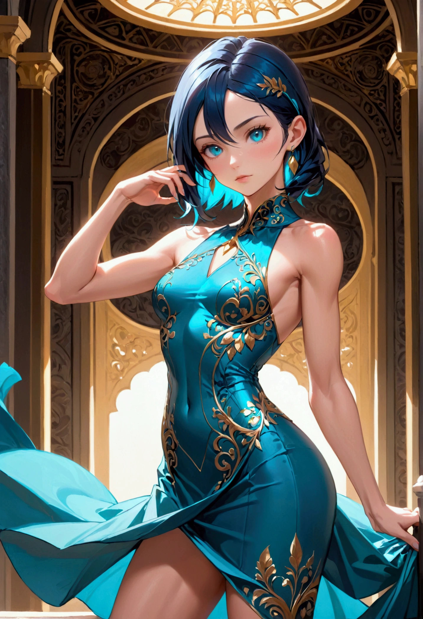 Adult girl with dark blue hair and turquoise eyes, slender and athletic body type,Her physique is lean and toned,wearing an elegant dress