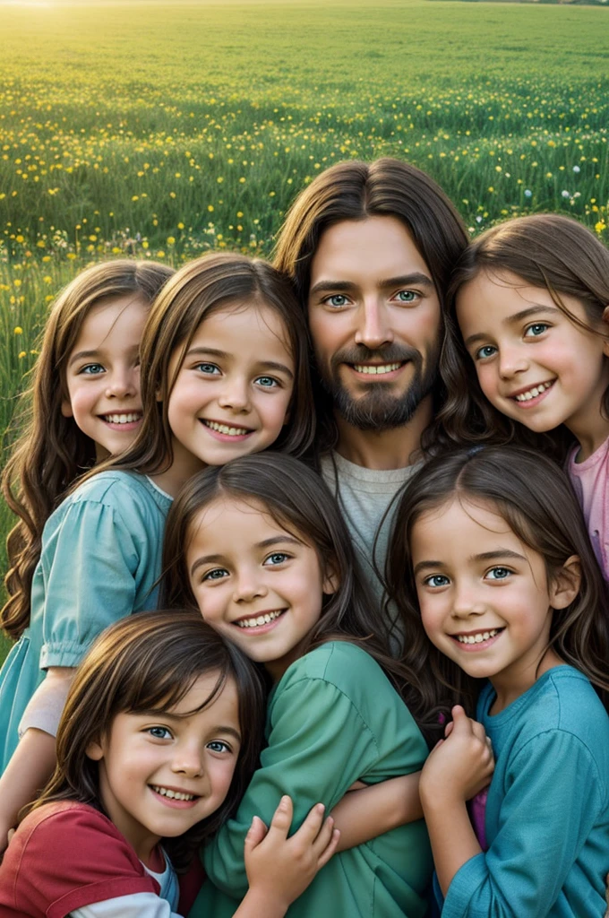 /Imagine a detailed portrait of Jesus surrounded by happy children, cartoon style, vibrant colors, green meadow and blue sky background/imagine Jesus hugging several children, realistic digital art style, Warm and soft light, expression of love and joy
