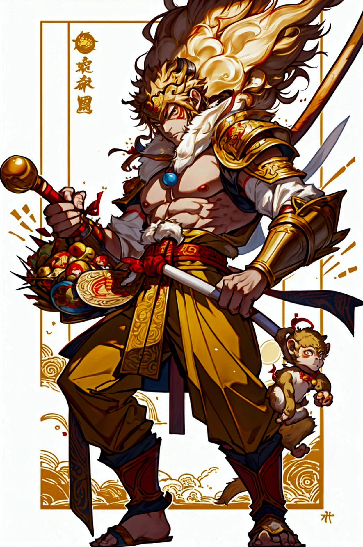 Pixel，Pixel风格，The Monkey King，Sun Wukong，The Monkey King，Holding a golden hoop rod，Wearing armor，Full body portrait，front Photo，For the audience，No background