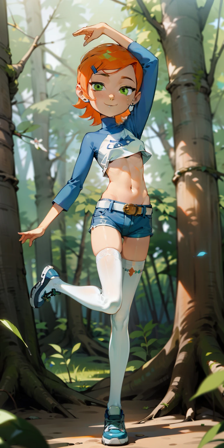 (Masterpiece), Best Quality, ultra-detailed, 1girl (Gwendolyn_Tennyson, beautiful face, breasts, orange hair, short hair, green eyes), , a charming face, smile, looking at viewer, solo, long sleeves, navel, belt, blue shorts, white thighhighs, in the forest, , standing, one leg up, arms up, Full-body