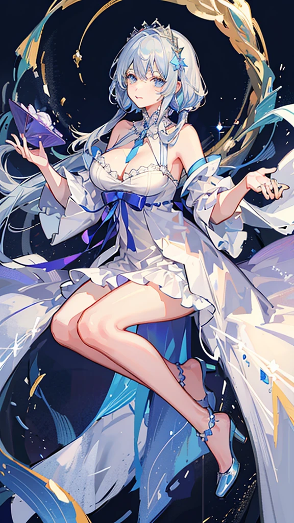 (Highest quality)), ((masterpiece)), (detailed), battlefield、One hurt girl, Crystal clear light blue hair、Her hair is gradated and white from the hairline to the middle.、Hair length is up to the knees、Gorgeous light blue lustrous nightgown、The hair ornament is glittering gold.、Silver hair ornament、She has big breasts、Adult face、