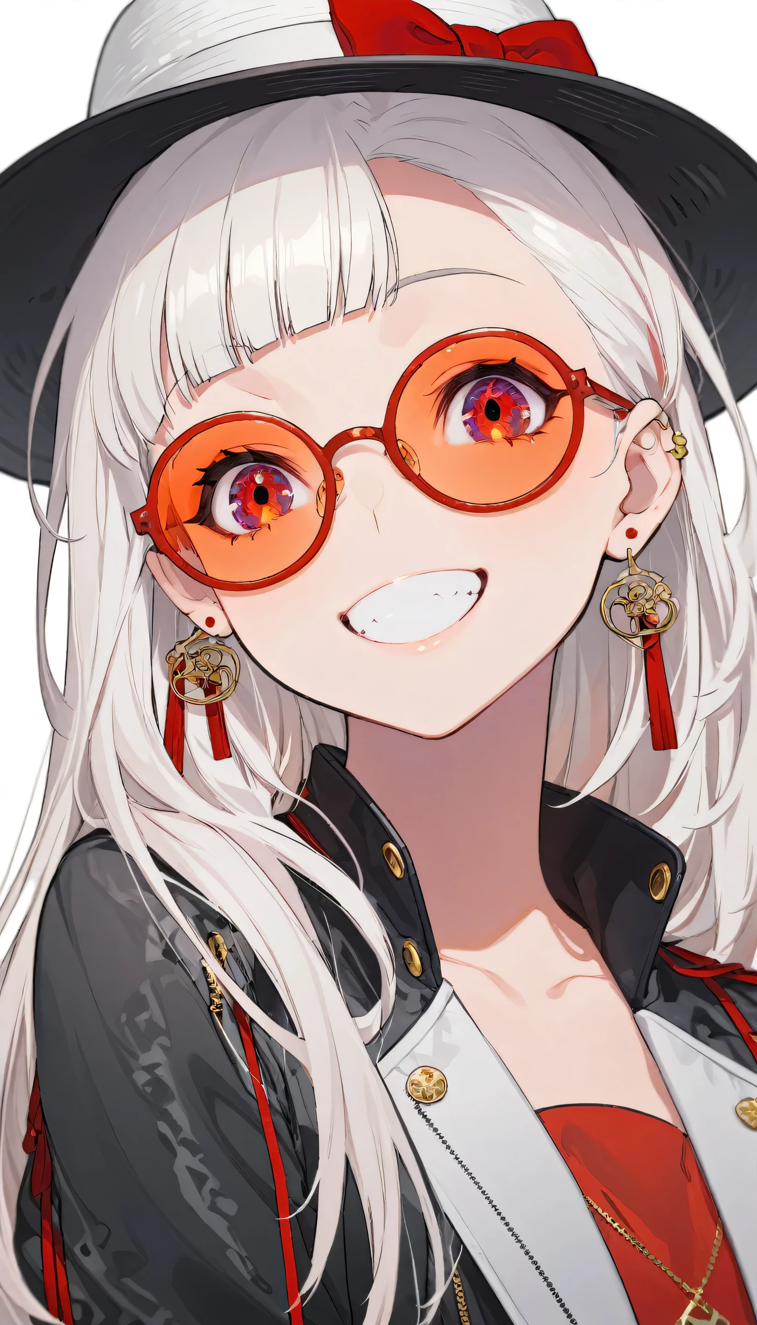 One girl, alone, Long Hair, View your viewers, smile, bangs, ((Blue Jacket)), Red pastel skirt、Red eyes,White hair in the eye、Beautiful eyes that shine、White boater hat with red ribbon、White Jewelry, Sitting, Jacket, Upper Body, Silver Hair、 earrings, Glasses, teeth, Grin, , Earrings, sunGlasses, ring, ear Earrings,Colored Glasses, White Background、White background,Umaibo、Candy